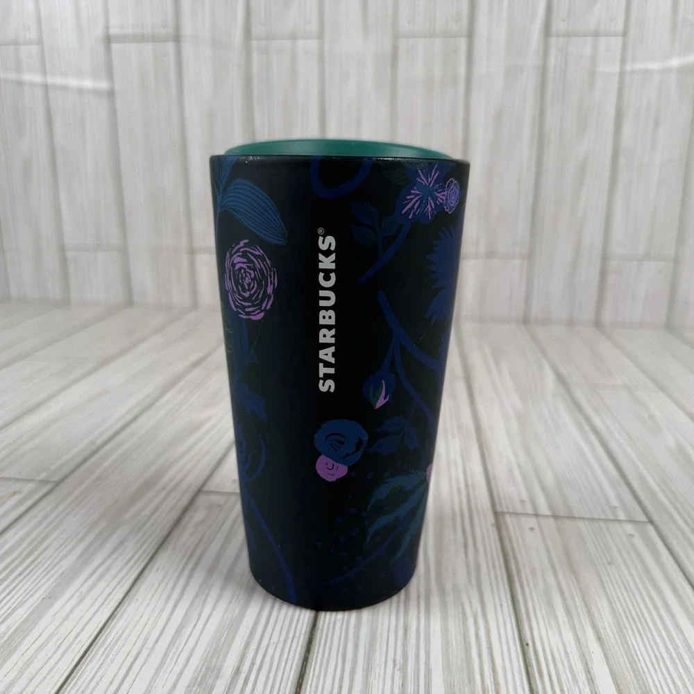 Starbucks Blue Peacock Rising Floral Ceramic  Coffee‎ Travel Tumbler 12oz